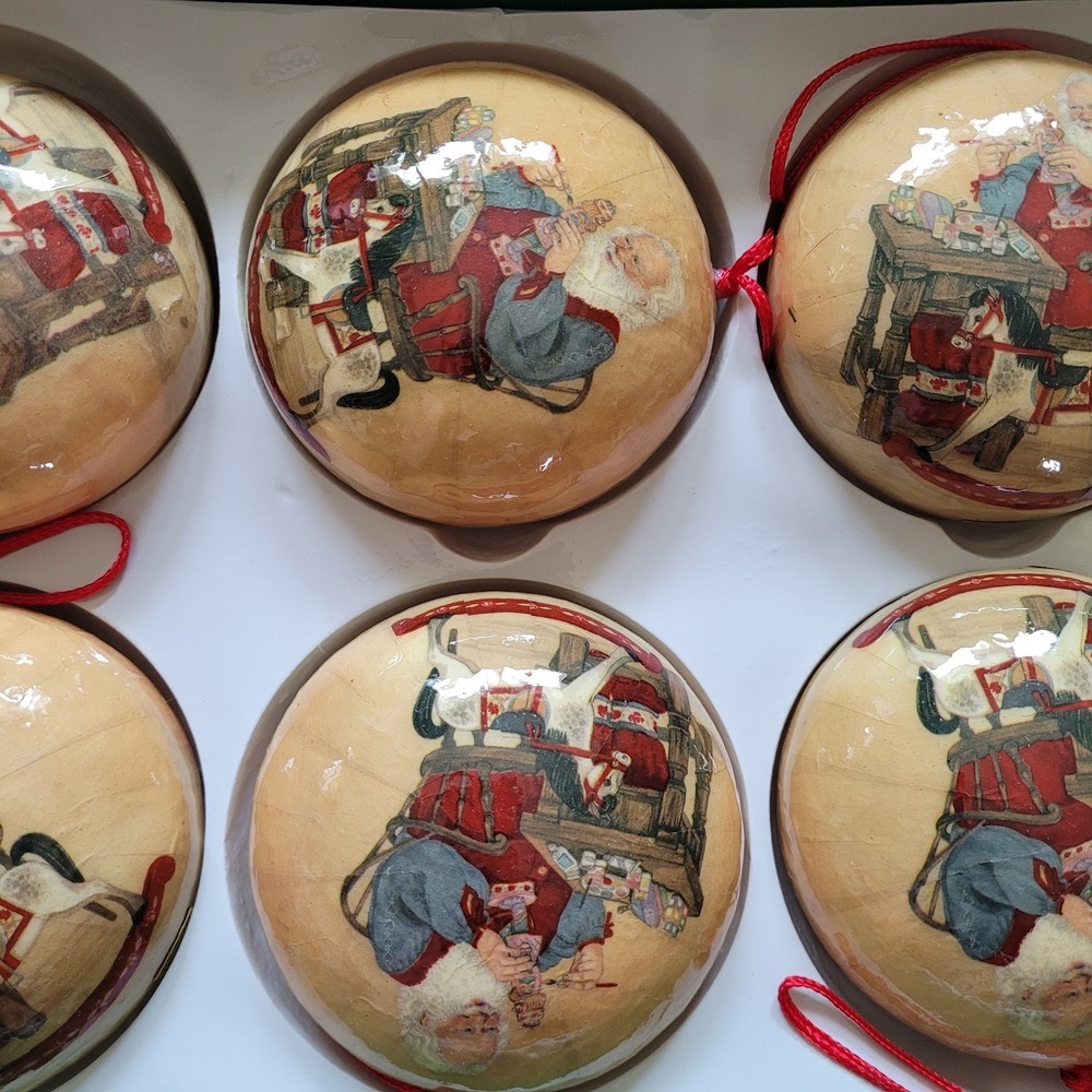 VTG Silk Tree Factory Santa's Workshop Decoupage Christmas Ornaments Set of 6 - Picture 2 of 7